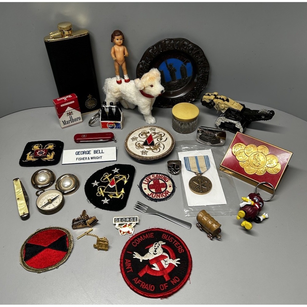 Vintage Estate Junk Drawer Lot Jewelry Doll Flask Knives Trinkets Patches Toys!